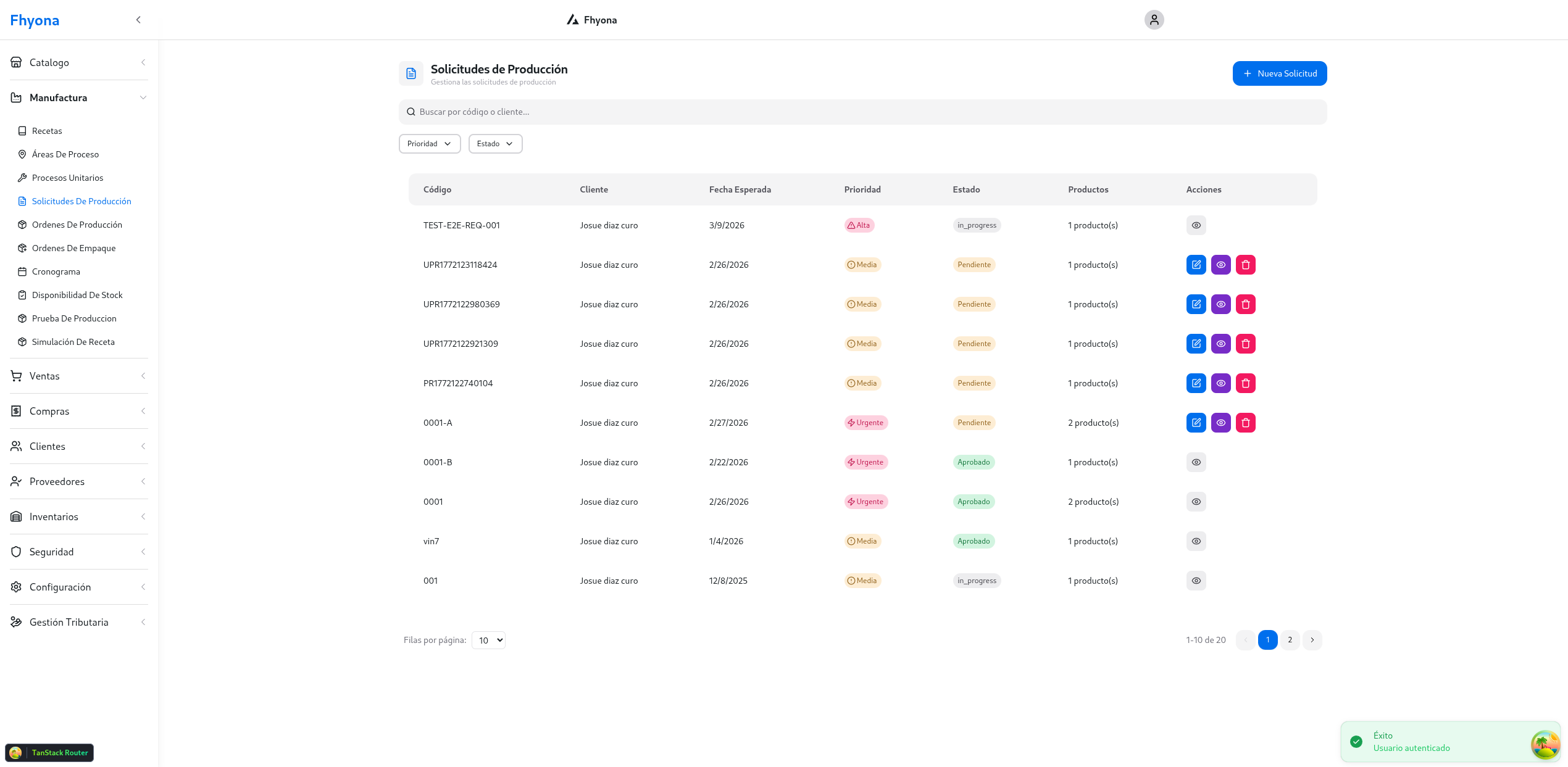 Solicitudes de Producción