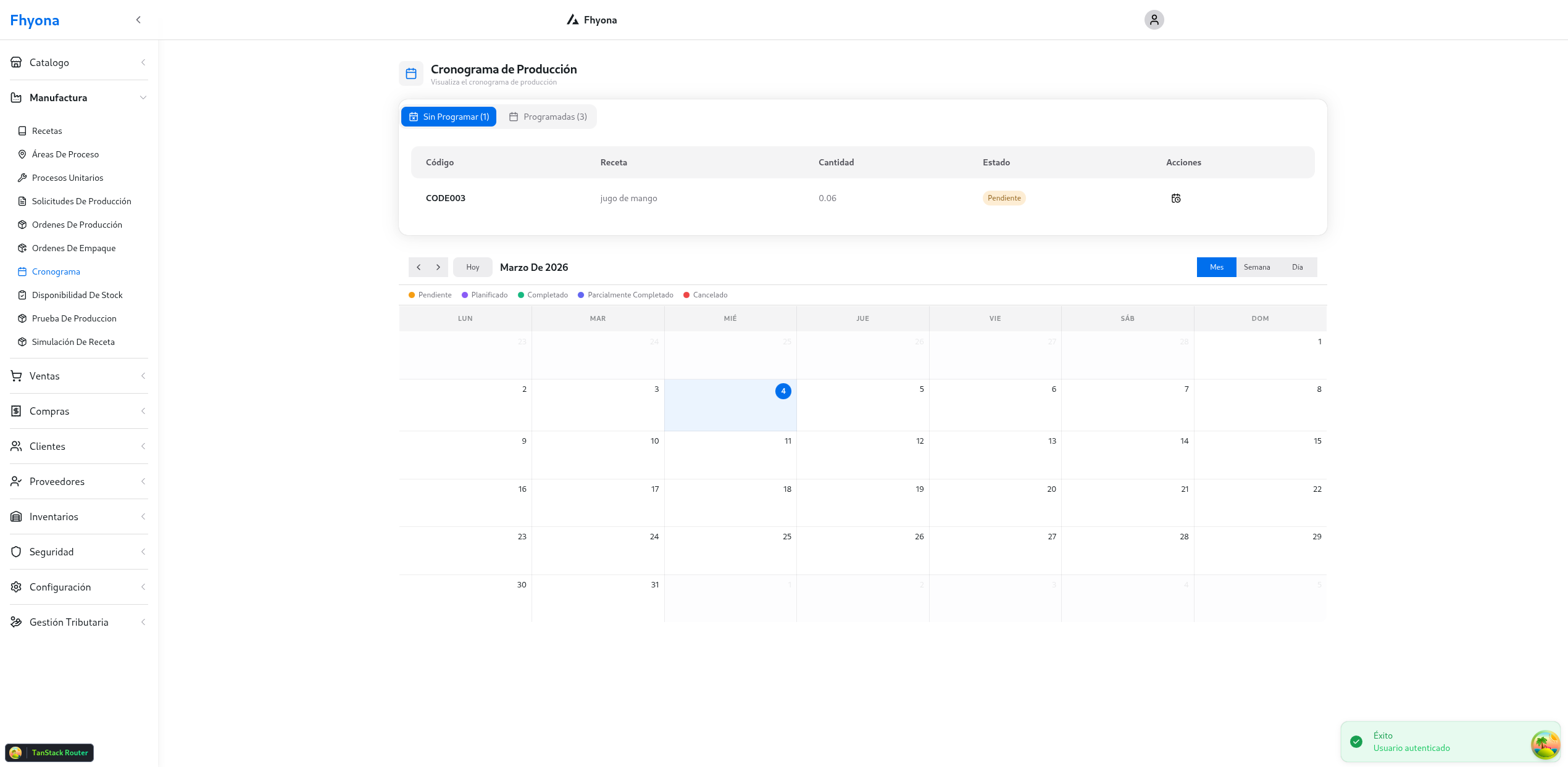 Calendario de producción Fhyona